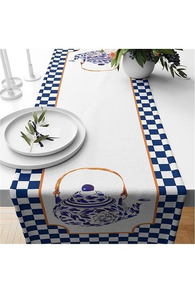 Evmila Runner din catifea cu model Gingham albastru