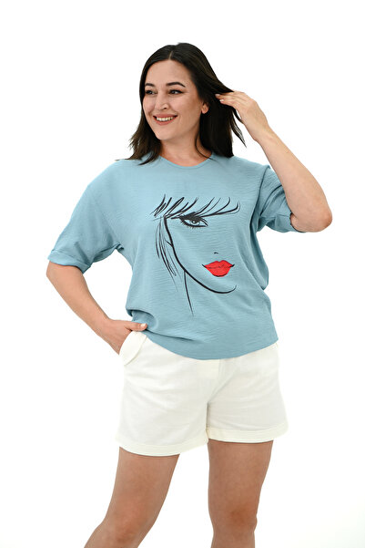 Koza Butik Γυναικείο T-shirt με στάμπα προσώπου μεγάλου μεγέθους - 1788-25