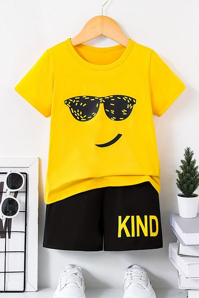 MYADA Set pentru copii cu imprimeu Smile - decolteu, pantaloni scurti elastici, cu ochelari, set de 2 20560