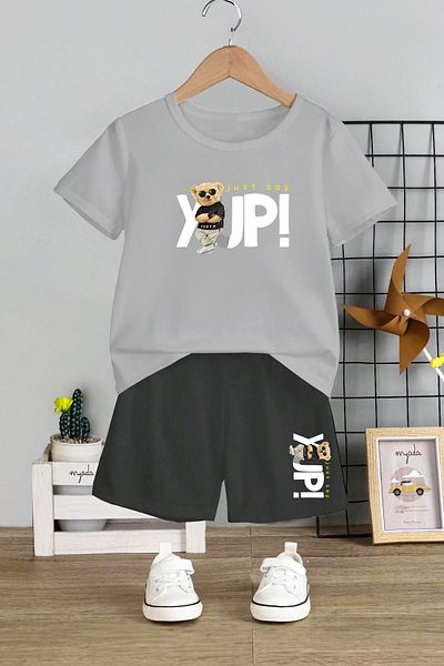 MYADA Set 2 piese pentru copii cu imprimeu ursuleț de pluș, pantaloni scurți cu gât și ochelari Yuppi