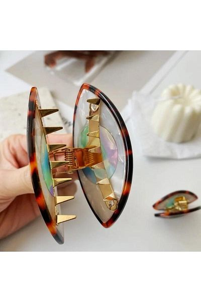 QUEEN AKSESUAR Imported fashion trend luxury pearlescent bone metal clatch eye shape evil eye buckle brown