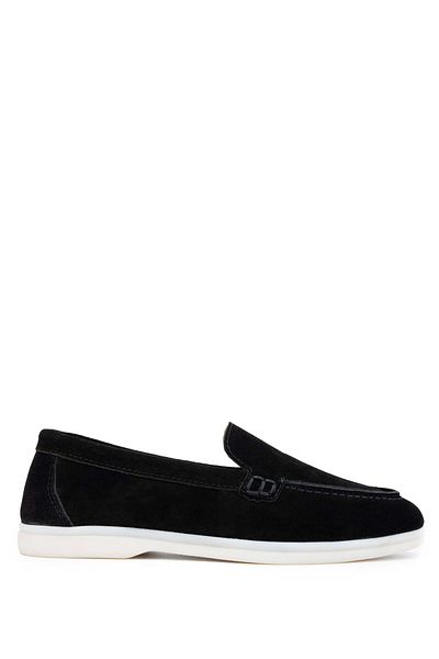 Tamer Tanca Women's Genuine Leather Black Suede Loafer Shoes