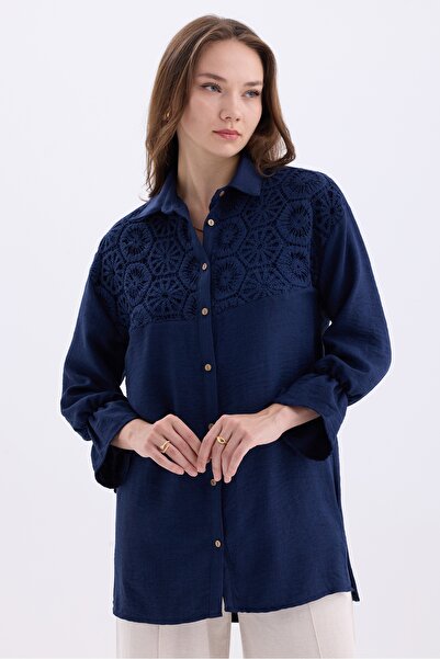 MD trend Oversize Linen Women's Shirt with Brode Detail and Slits - Gathered ...