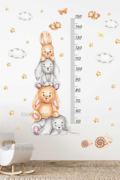 Sticker Ekspres Sevimli Tavşanlar Boy Ölçer Boy Cetveli Duvar Sticker