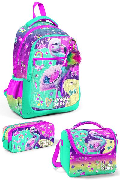 Coral High Set de 3 ghiozdane de școală cu model flamingo roz verde apă - SET 0123647