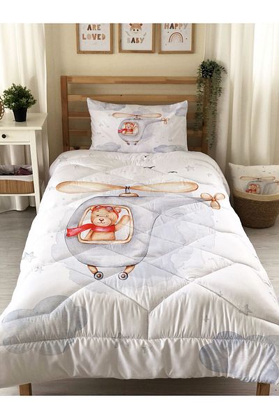 Evmila Pilot Teddy Bear Patterned Quilted Quilt, Single Sleeping Set