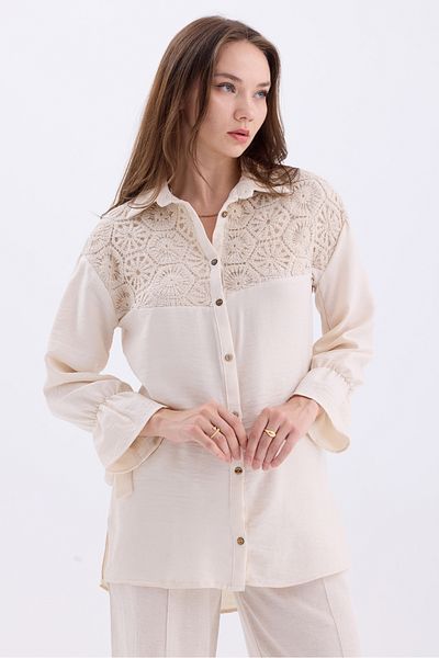 MD trend Oversize Linen Women's Shirt with Brode Detail and Slits - Gathered Sleeve