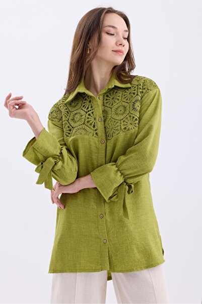 MD trend Oversize Linen Women's Shirt with Brode Detail and Slits - Gathered Sleeve
