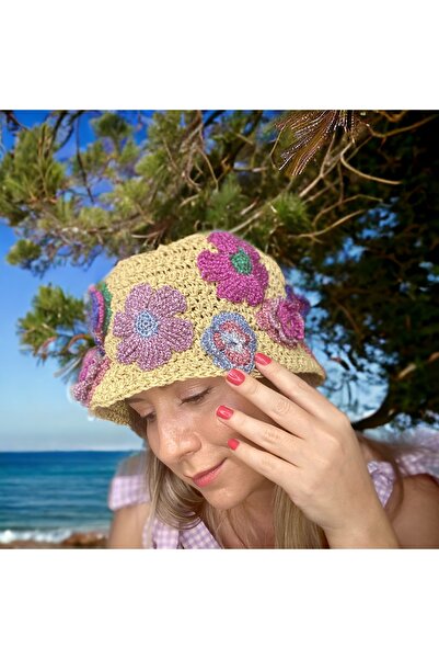 Flux Design Factory El Örgüsü Rafya Hasır Kova Katlanabilir Çiçekli Plaj Şapk...