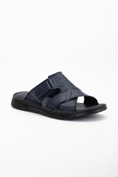 LİLLA Men's Orthopedic Navy Blue Slippers - Genuine Calf, Thick Pads