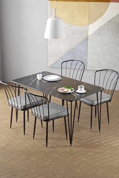 Cosargroup 60x120 Siyah Mermer Desen Yemek Masa, Mutfak Masa Takımı 4 Adet Güneş Sandalye