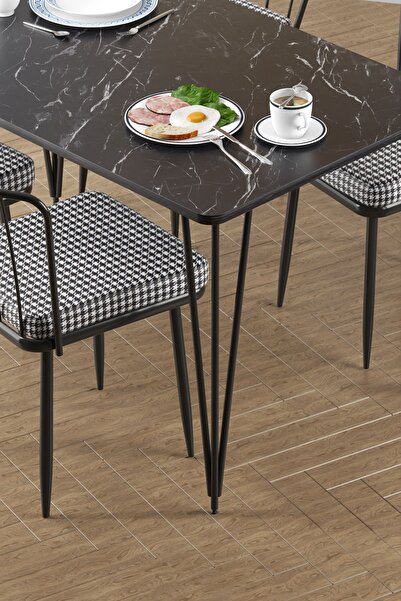 Cosargroup 60x120 Siyah Mermer Desen Yemek Masa, Mutfak Masa Takımı 4 Adet Güneş Sandalye