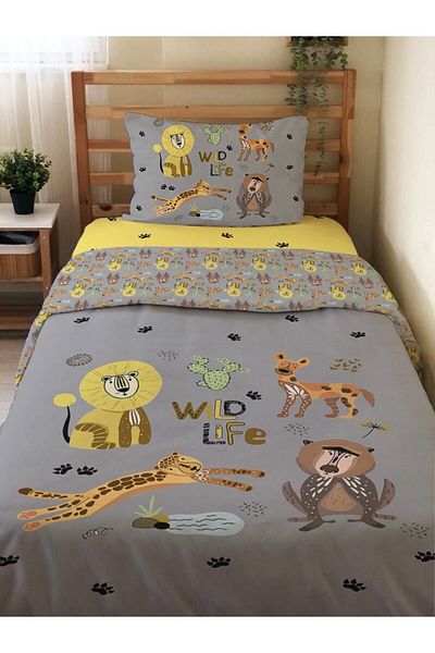 Evmila Double Sided Animal Patterned Set of 2 Without Sheets Printed Single Duvet Cover Set Gray