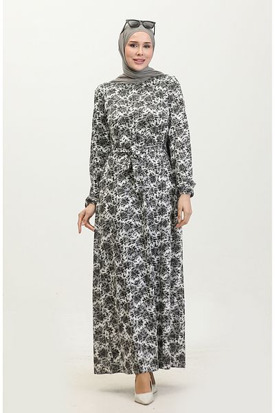 sefamerve Viscose Patterned Belted Black Dress - 1086-02