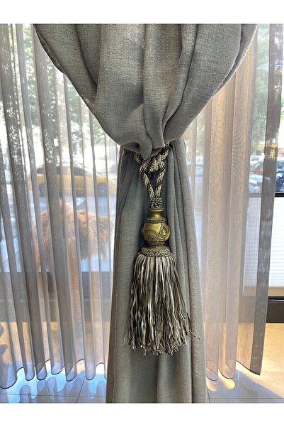 Ala Perde By İtalyanhomestore Kahverengi krem püsküllü özel tasarım oymalı braçol perde aksesuarı