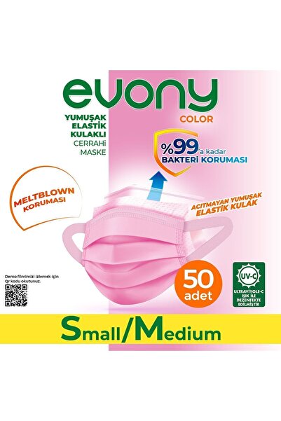 Evony Color Pembe Yumuşak Elastik Kulaklı Maske 50 Adet