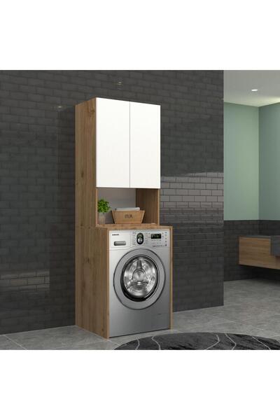 triomodül Çamaşır Makinası Dolabı - 65 Cm - 2'li Set - Meşe - Highgloss Beyaz