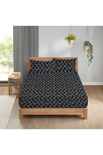 Evmila Leaf Pattern Printed Double Sheet Set 160x200 Cm - Black