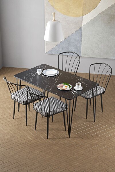 Cosargroup 60x120 Siyah Mermer Desen Yemek Masa, Mutfak Masa Takımı 4 Adet Güneş Sandalye
