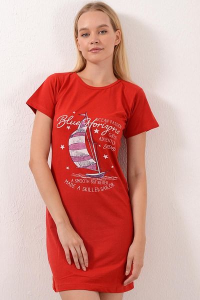 PİNKMARK Women's Red Printed Short Sleeve Nightgown Pmel25534