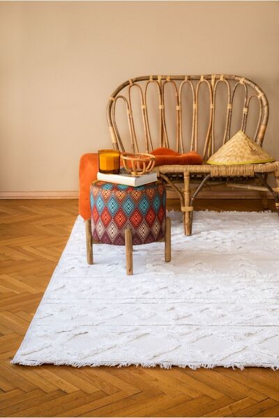 Apex Habitat 7601 Krem Iskandinav Desen Etnik Örgü Yıkanabilir Halı Kilim