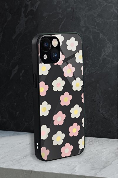 mooodcase iPhone 13 Uyumlu Minik Çiçekler Desenli Glossy Glass Kamera Korumalı Silikonlu Telefon Kılıfı
