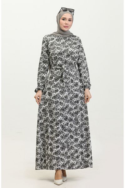 sefamerve Viscose Patterned Belted Black Dress - 1086-02