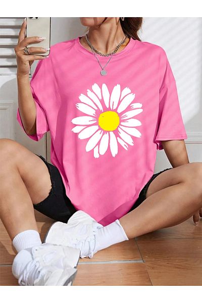 DAXİS Sportwear Company Női százszorszép nyomott póló - Oversize Crew Neck póló