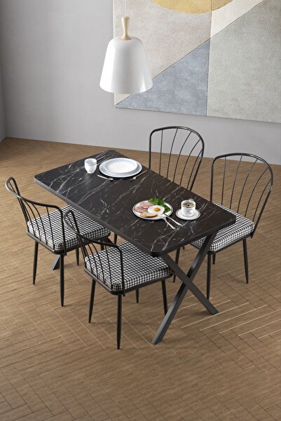 Cosargroup 60x120 X Ayak Siyah Mermer Yemek Masa, Mutfak Masa Takımı 4 Adet G...