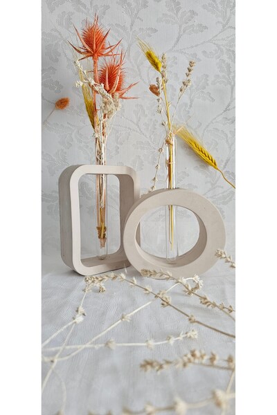 LAURELWOOD Laurel-wood Kahve Beton Kuru Çiçeklik Vazo,Dekoratif Vazo 2'li Set(2 ADET CAM TÜP DAHİL)