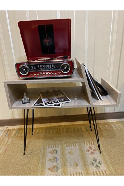 Lernan Group Retro Plak Ve Pikap Sehpası Bej Renk Siyah Ayak