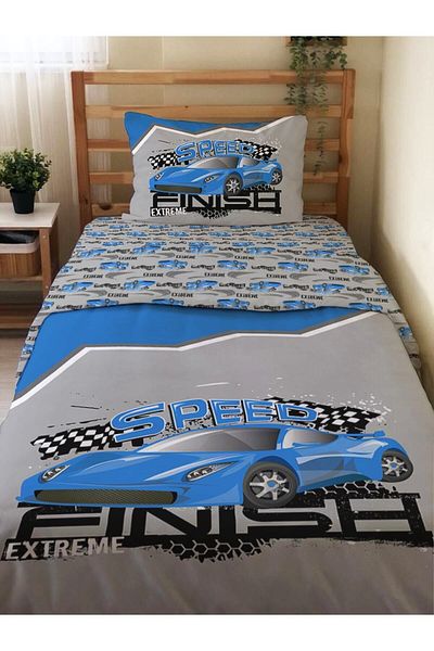 Evmila Double Sided Blue Sports Car Patterned Elastic Printed Single Duvet Cover Set Gray