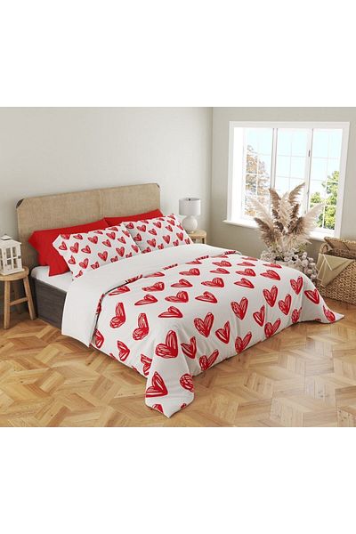 Evmila Set cuvertură de pilota dublă 200x220 cm 2 bucăți 50x70cm cu model inimă roșie - alb