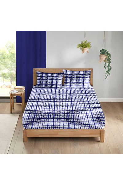 Evmila Set cearșaf dublu 160x200 cm imprimat cu model geometric - albastru