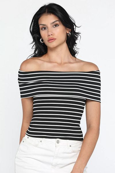 GÜLSELİ Γυναικεία μπλούζα Madonna Collar ριγέ μαύρη λύκρα