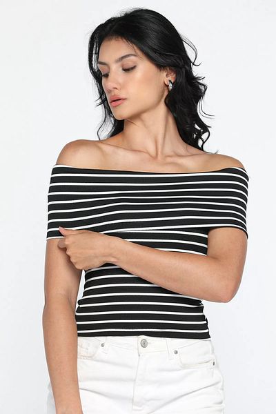 GÜLSELİ Γυναικεία μπλούζα Madonna Collar ριγέ μαύρη λύκρα