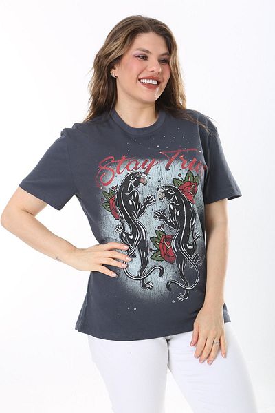 Şans Plus Size Smoked Cotton Blouse - Short Sleeve, Print and Stone Detail 65N38036