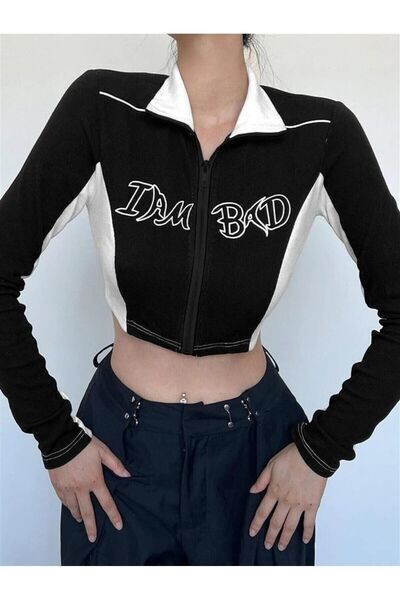 DEEFWEAR I Am Bad Baskılı Fermuarlı Siyah Crop