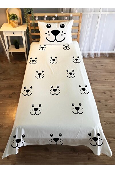 Evmila Köpek Desen Baskılı 140x220 Cm Dekoratif Yatak Örtüsü Beyaz