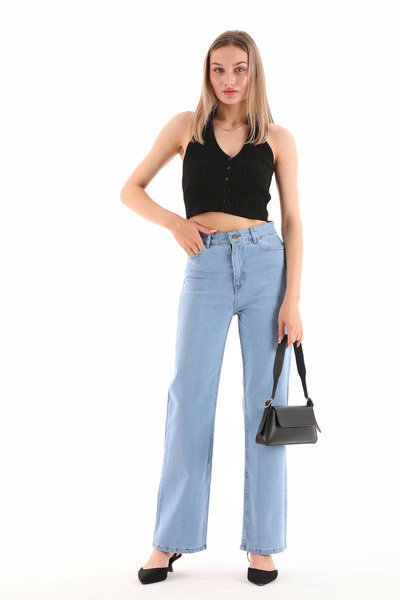 Modayıldızlar Дамски панталони Palazzo от еластичен плат в цвят ледено синьо