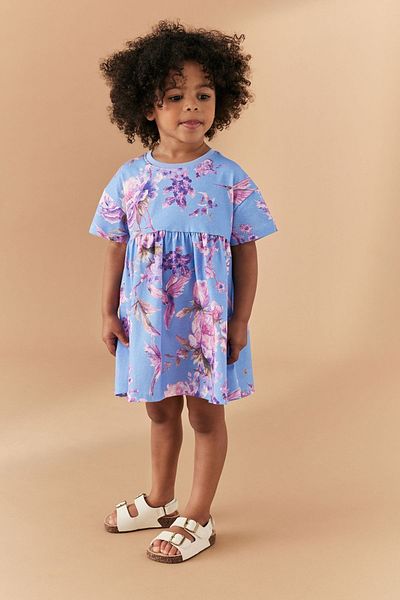 Next Baby 100% Cotton Blue Floral Short Sleeve Dress