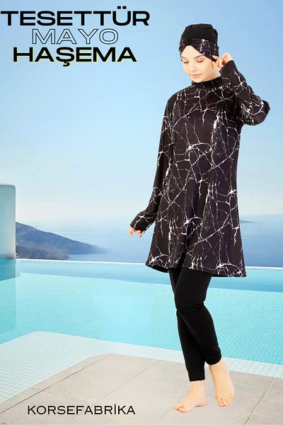 korsefabrika trend mood store Patterned Closed Hijab Swimsuit and Top Set