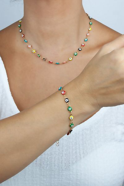 Liveyn Design Colorful Steel Necklace and Bracelet Set with Evil Eye Beads