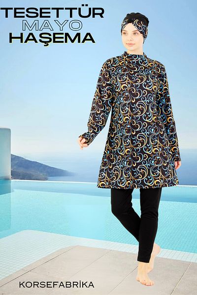 korsefabrika trend mood store Set de costum și costum de baie cu model închis albastru