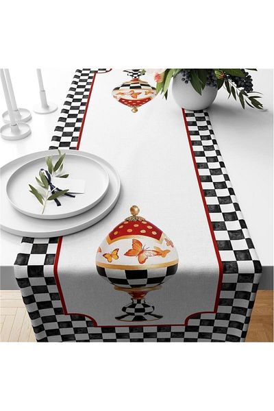 Evmila Runner din catifea cu model Gingham negru