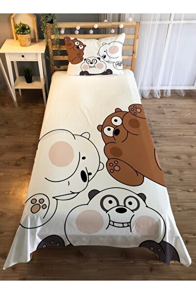 Evmila Ayı Desen Baskılı 140x220 Cm Dekoratif Yatak Örtüsü Beyaz