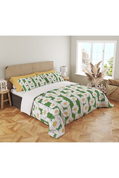Evmila Зелений і білий малюнок з ромашками, двоспальний комплект постільної білизни 200x220 см - зелений