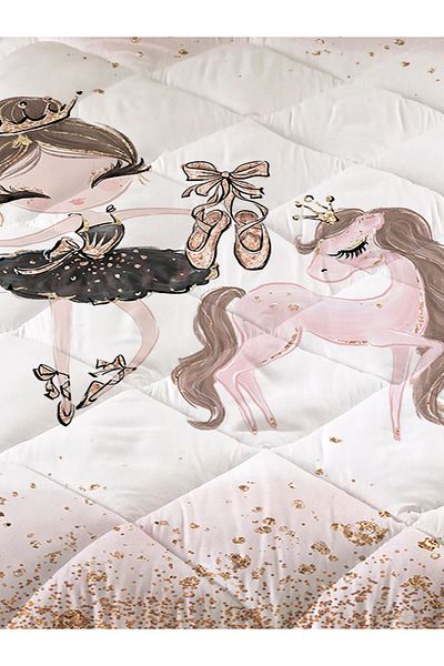 Evmila Ballerina Girl and Unicorn Patterned Quilted Quilt, Decorative Bedspread