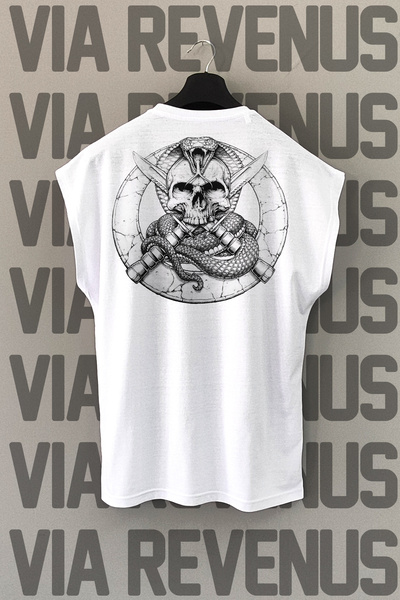 Vordevia Tricou sport alb - Imprimat pe spate cu craniu, mâneci zero