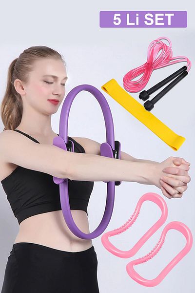 Jet 5-Piece Pilates Set, Pilates Circle, 2-Piece Yoga Ring, Squat Aerobic Band, Elastic Jump Rope Set